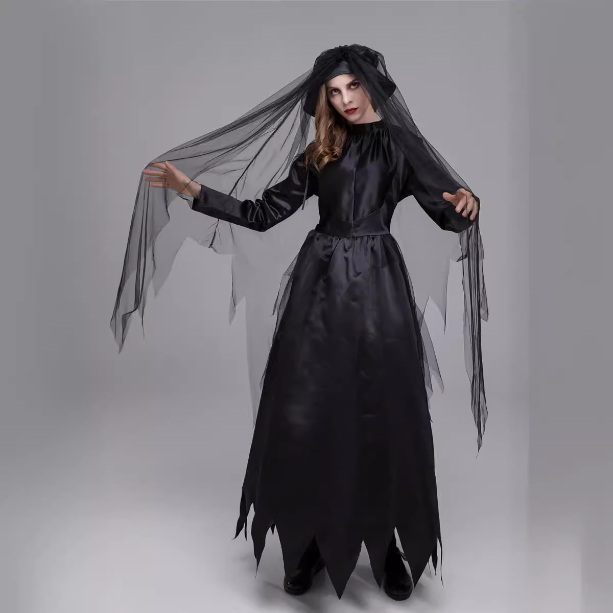 Women Halloween Ghost Bride Cosplay Costume Scary Witch Vampire Black Dress